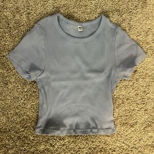 Uniqlo Blue Cropped Fitted Short Sleeve T-Shirt